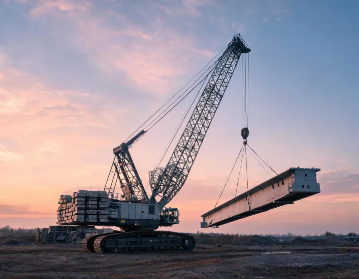 Manitowoc lattice boom crawler crane on bridge erection site
