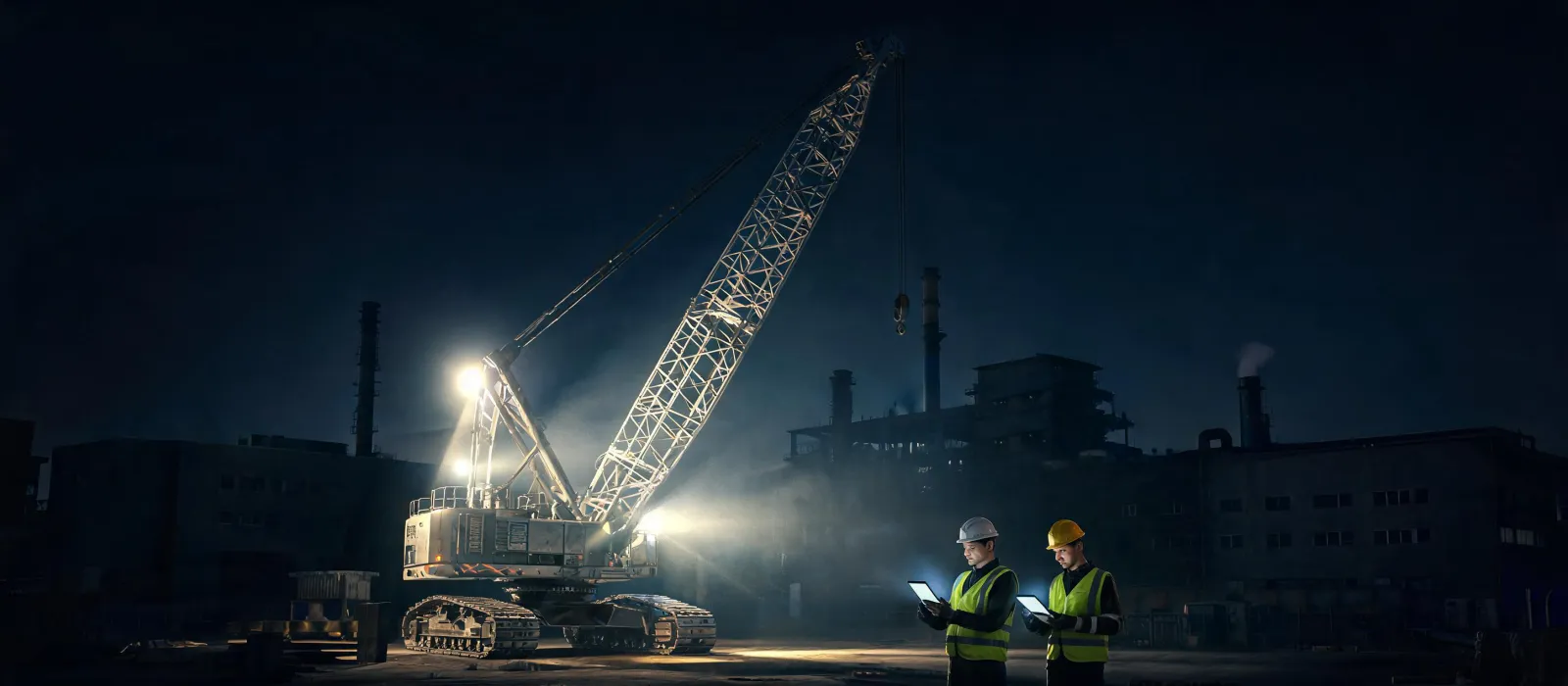 Night industrial plant with crawler crane floodlights